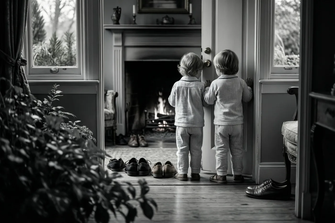 Twee kleine kinderen in gestreepte pyjama’s staan met de rug naar de camera en kijken langs een halfopen deur naar een brandende haard, op een zwart-witfoto.