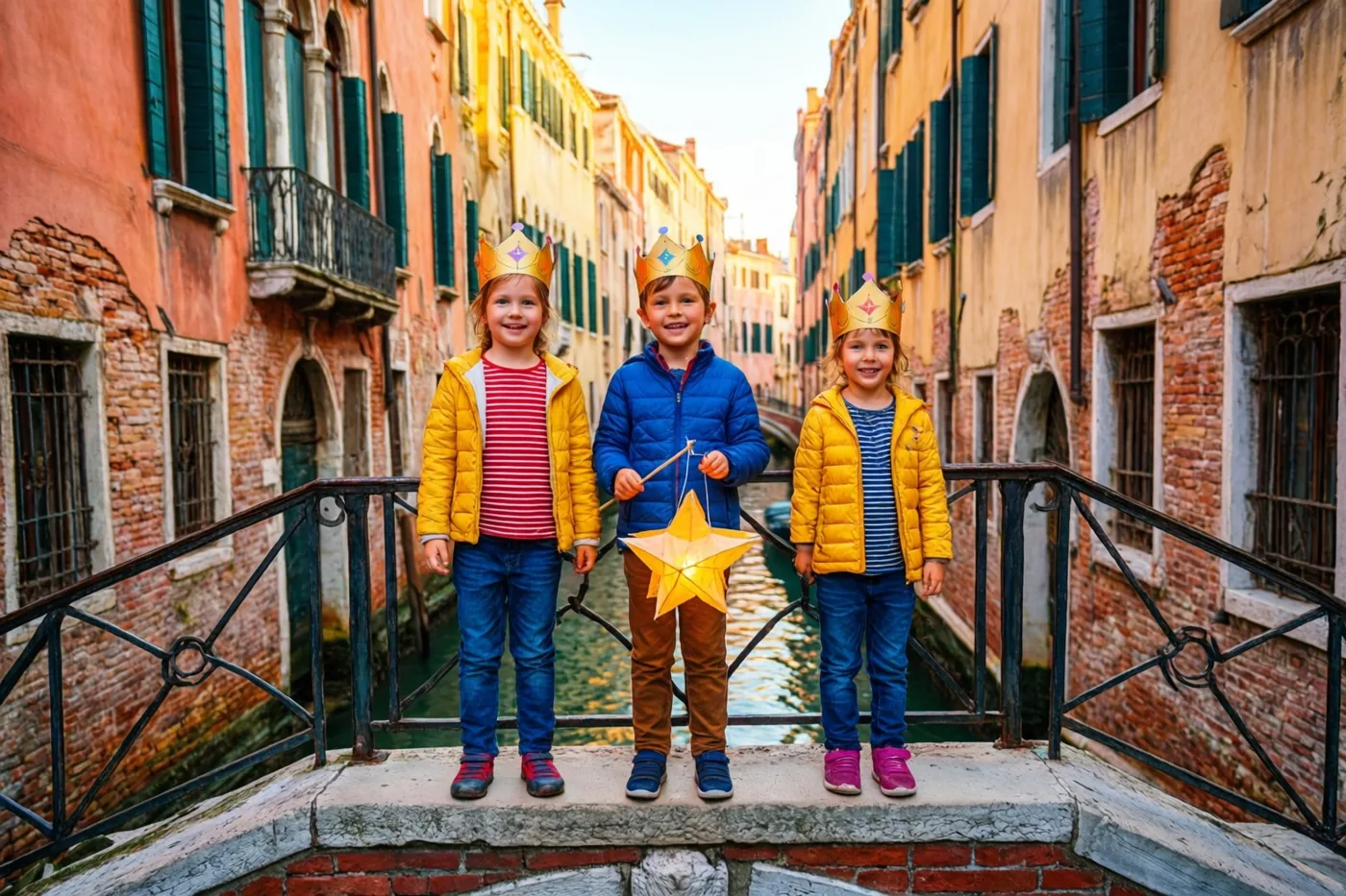Drie kinderen met papieren kronen staan op een stenen brug over een kanaal, één met een sterlantaarn, met kleurrijke oude gebouwen en groene luiken onder een heldere hemel.