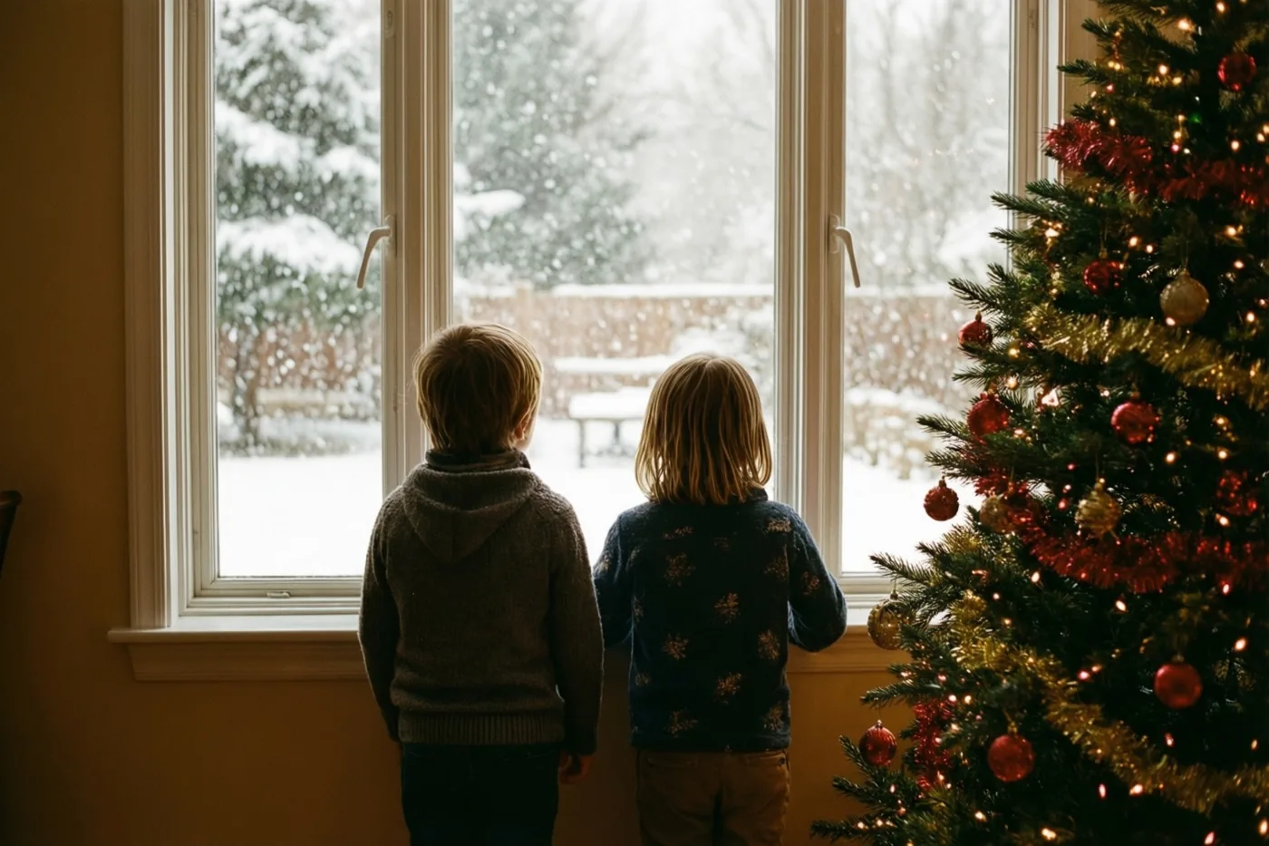 Twee kinderen kijken van achteren gezien door een raam naar vallende sneeuw, naast een kerstboom met rode en gouden versiering in een zacht verlichte kamer.