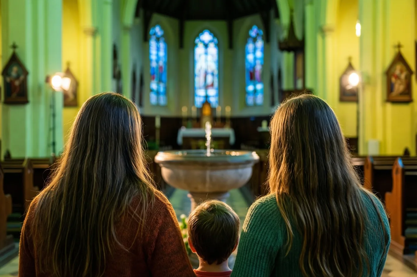Twee meisjes en een jongen staan met de rug naar de kijker bij een stenen doopvont in een kerk met warm zonlicht door gekleurde glas-in-loodramen.
