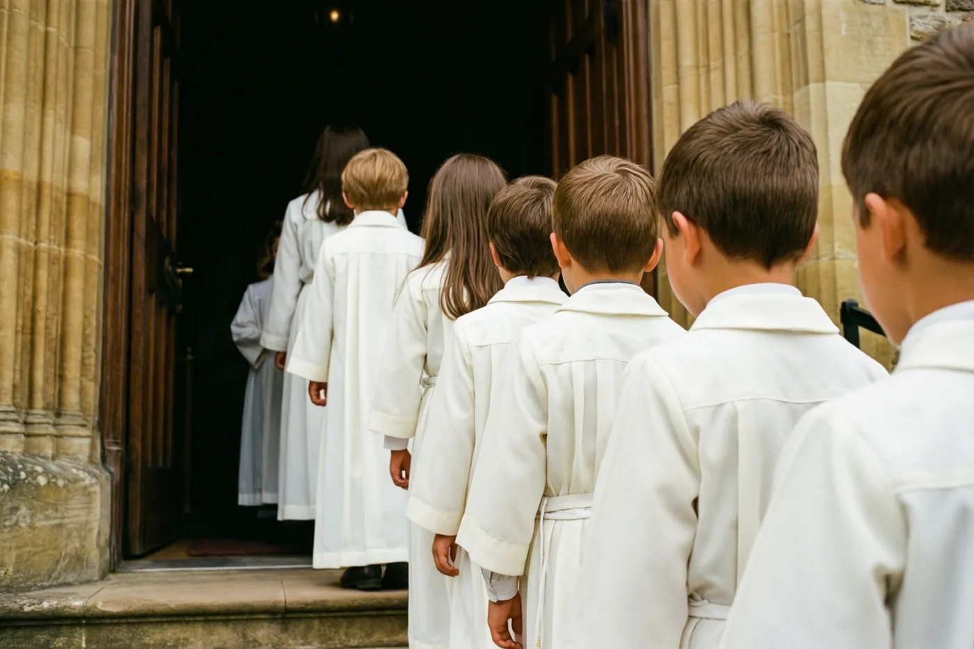 Kinderen in witte gewaden staan met hun rug naar de camera op de drempel van een oude stenen kerk in warme beige en bruine tinten.