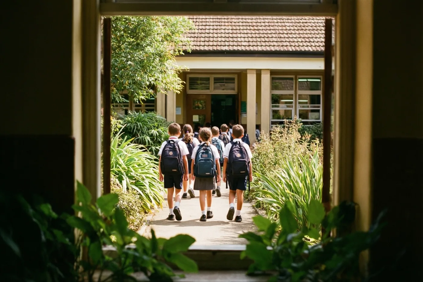 Door een deuropening is een groep schoolkinderen met rugzakken van achteren te zien op een pad naar een schoolgebouw, met groen op de voorgrond en warm zonlicht.