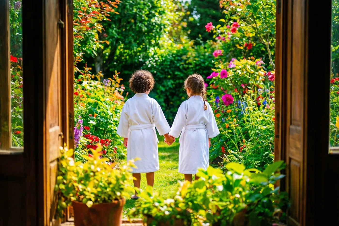 Twee kinderen in witte gewaden lopen met hun rug naar de camera hand in hand door een weelderige tuin met kleurrijke bloemen, gezien door een open houten deuropening.