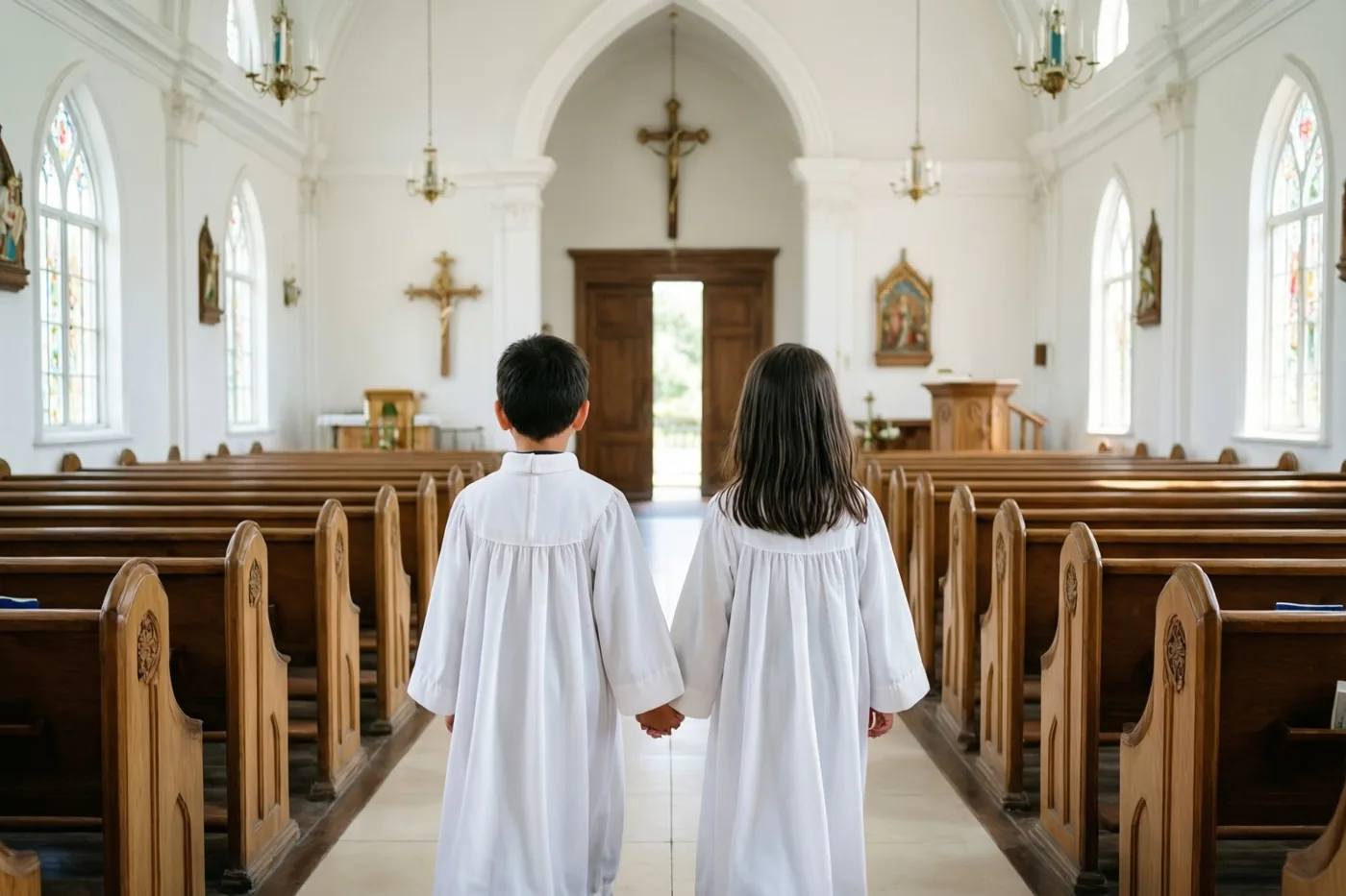 Twee kinderen in witte gewaden lopen hand in hand met de rug naar de kijker door het middenpad naar het altaar van een lichte kerk met witte muren, houten banken en glasramen.