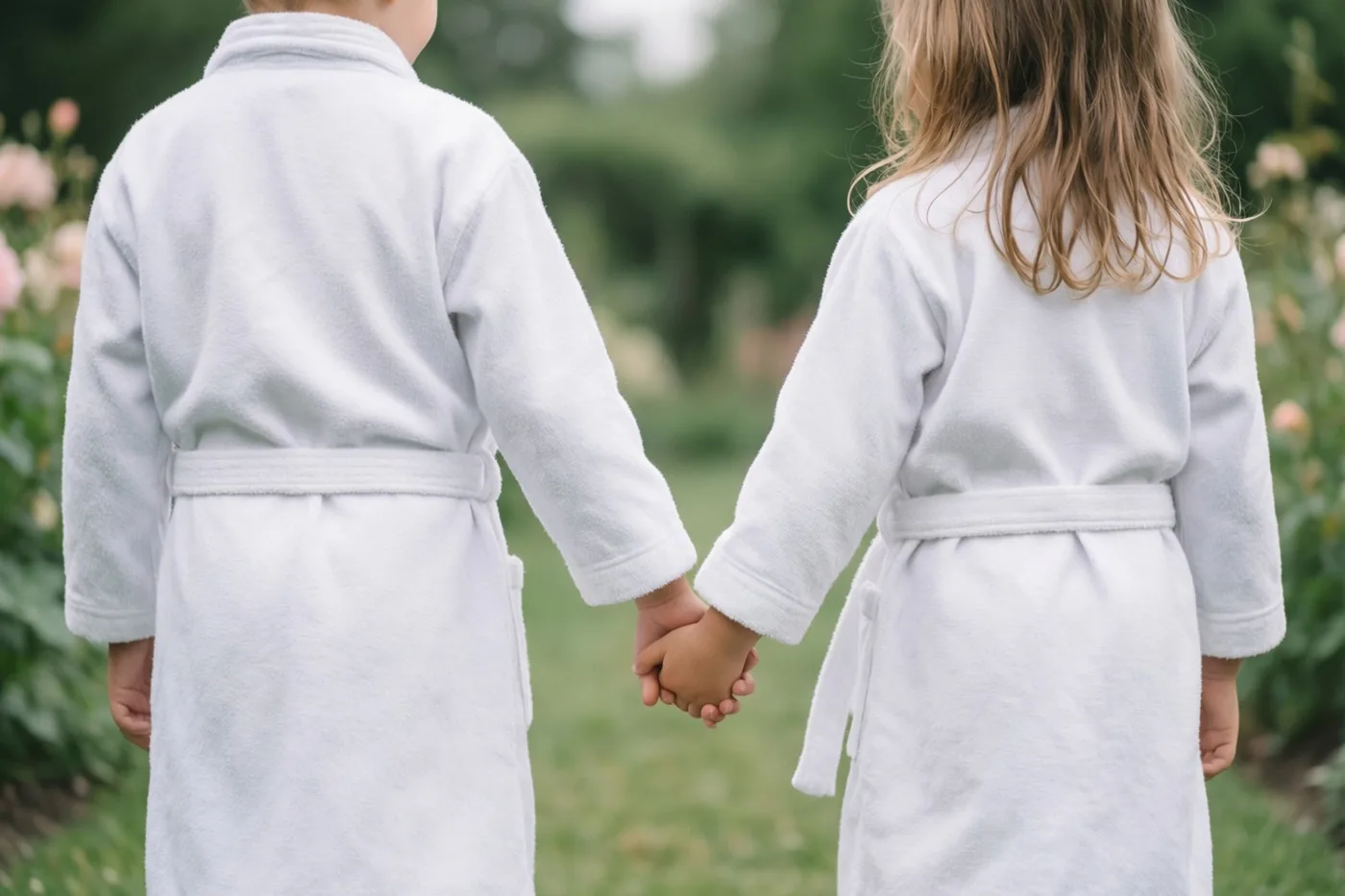 Twee kinderen in witte badjassen lopen hand in hand van de camera weg door een tuin met groen gras en wazige roze bloemen in zacht daglicht.