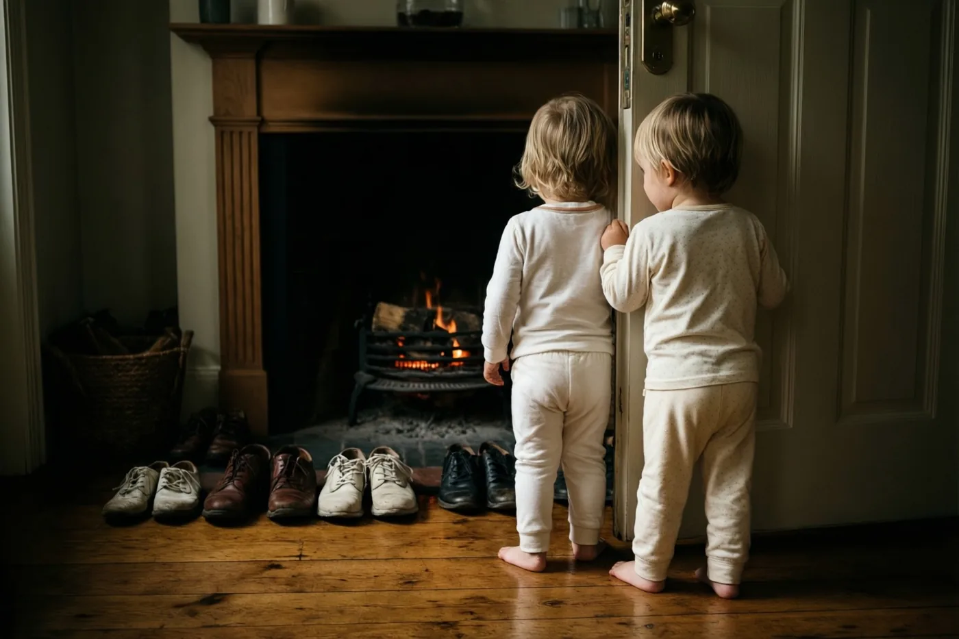 Twee kleine kinderen in pyjama kijken op blote voeten om een deurpost naar een rij schoenen op een houten vloer voor een brandende haard.