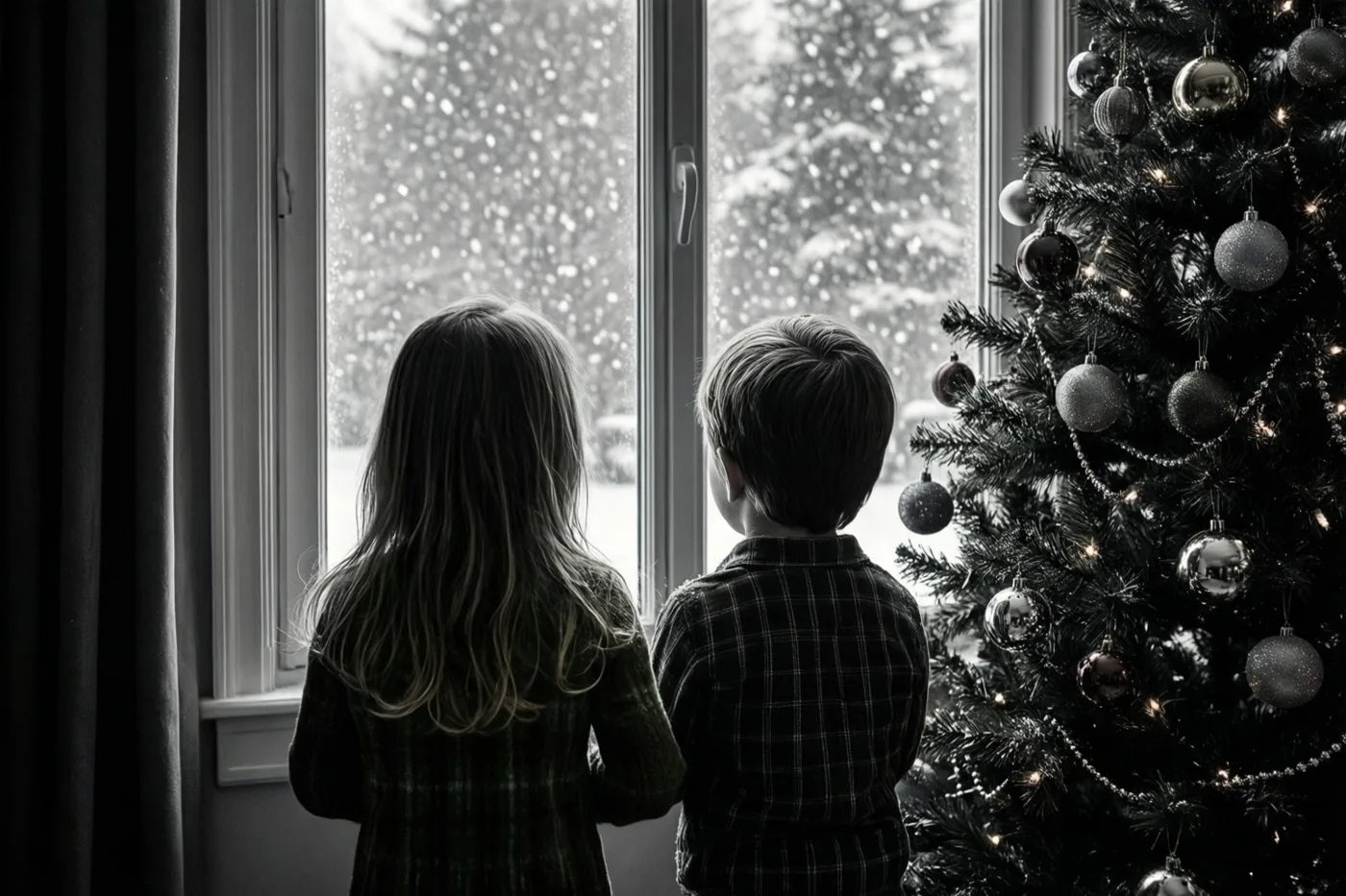 Twee kinderen staan van achteren gezien aan een raam naar vallende sneeuw te kijken, met rechts in de kamer een versierde kerstboom met lichtjes.