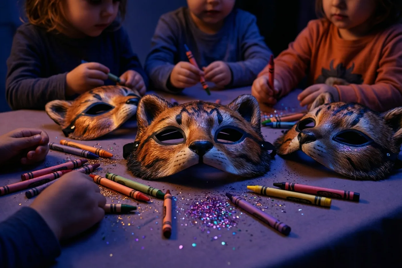 Drie kleine kinderen zitten rond een tafel en kleuren dierenmaskers met waskrijtjes bij gedempt paars en blauw licht.