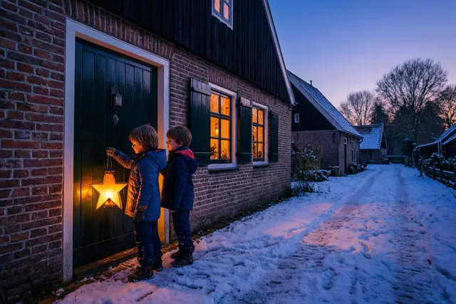 Twee kinderen in winterjassen staan bij valavond in de sneeuw voor een bakstenen hoeve, waar één kind met een lichtgevende sterlantaarn op de deur klopt en binnen warm licht brandt.