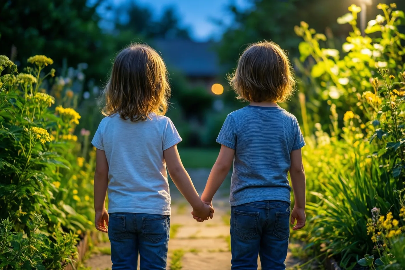 Twee kleine kinderen lopen hand in hand over een tuinpad met groene planten en gele bloemen in warm goudkleurig licht, gezien van achteren.