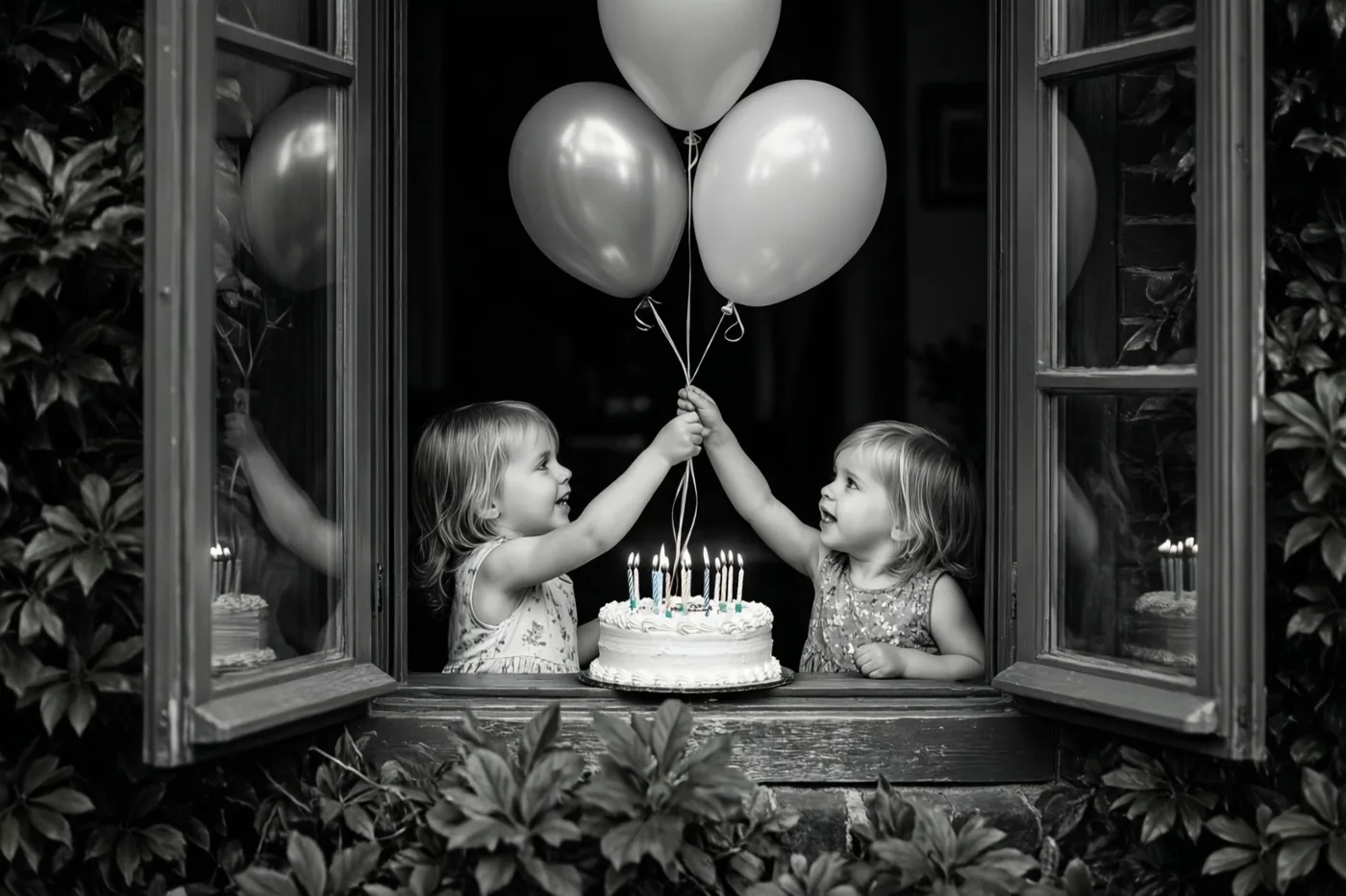 Door een open raam zijn twee jonge kinderen te zien die samen naar ballonnen boven een verjaardagstaart met brandende kaarsjes reiken, op een zwart-witfoto.
