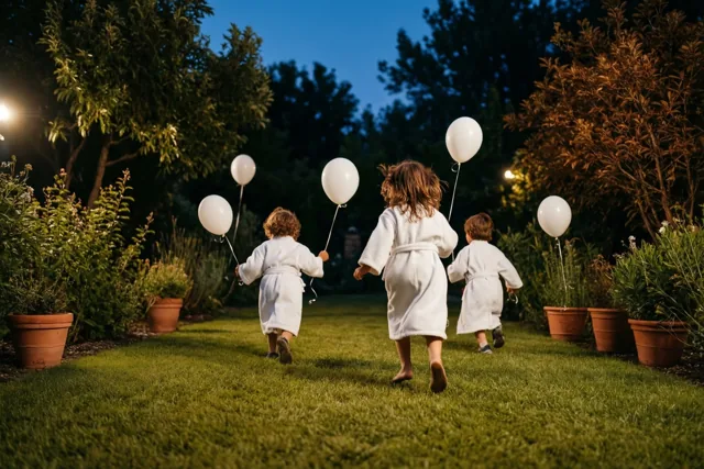 Drie kinderen in witte gewaden rennen bij schemering op blote voeten van de camera weg over een gazon, elk met een witte ballon, met warme tuinlichtjes en potplanten langs het pad.
