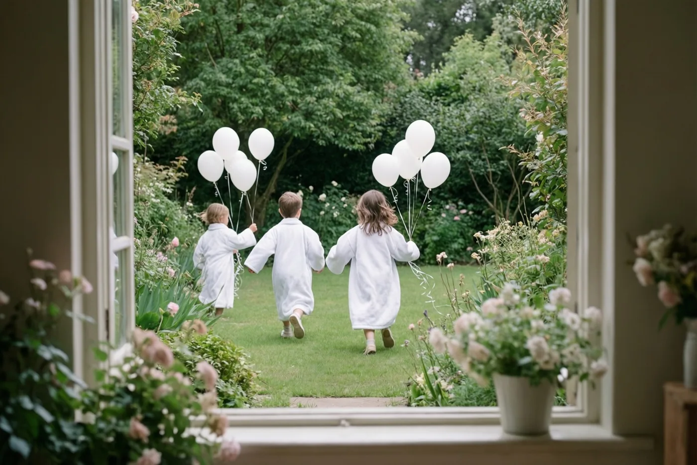 Drie kinderen in witte gewaden rennen van de camera weg over een groen gazon, elk met een tros witte ballonnen, gezien door een open raam met bloempotten op de vensterbank.