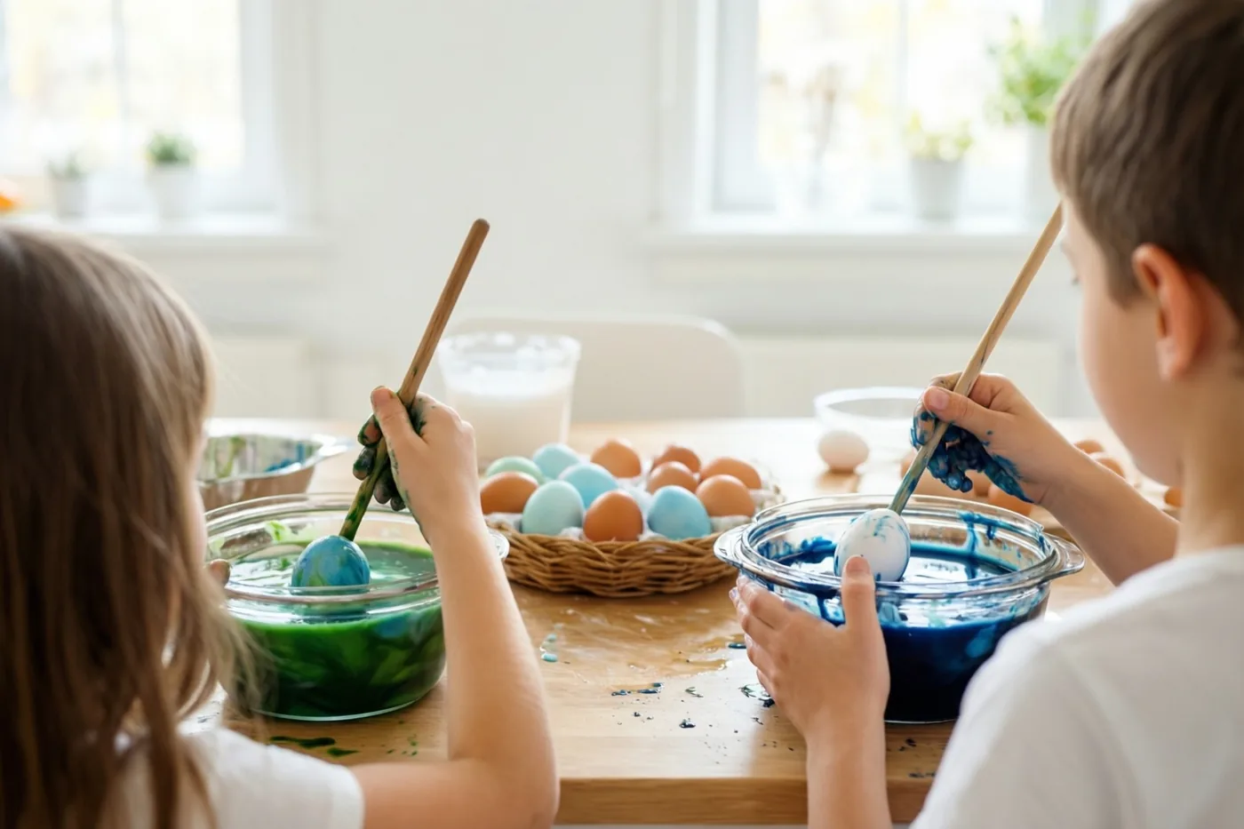Twee kinderen zitten met hun rug naar de camera aan een houten keukentafel en kleuren eieren in kommen met groene en blauwe verf bij daglicht.