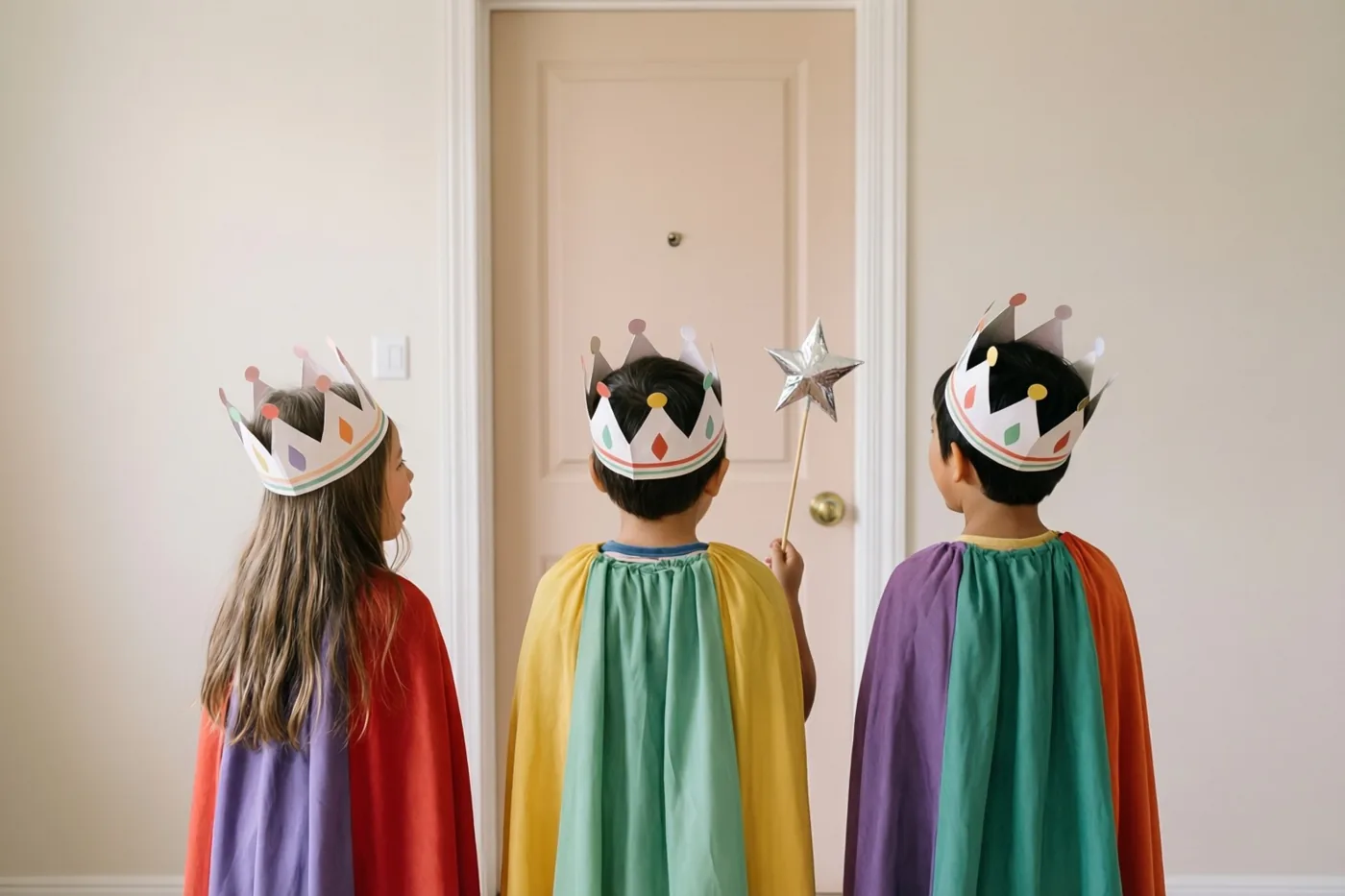 Drie kinderen met papieren kronen en kleurrijke capes staan binnenshuis met hun rug naar de kijker voor een gesloten lichte deur, tussen neutrale muren.
