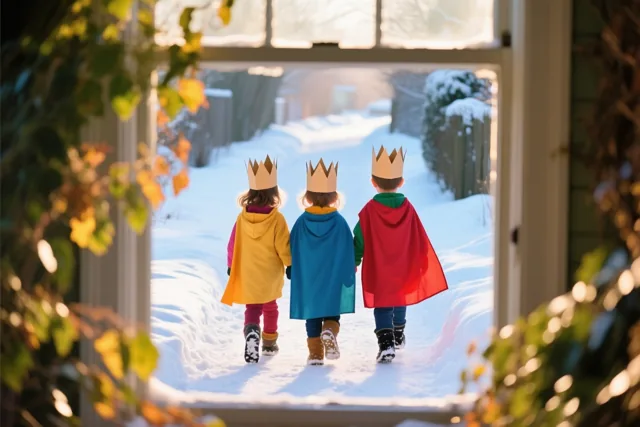 Door een raamkozijn zijn drie kinderen met papieren kronen en kleurrijke capes van achteren te zien op een besneeuwd pad, omlijst door onscherpe herfstbladeren in warm zonlicht.