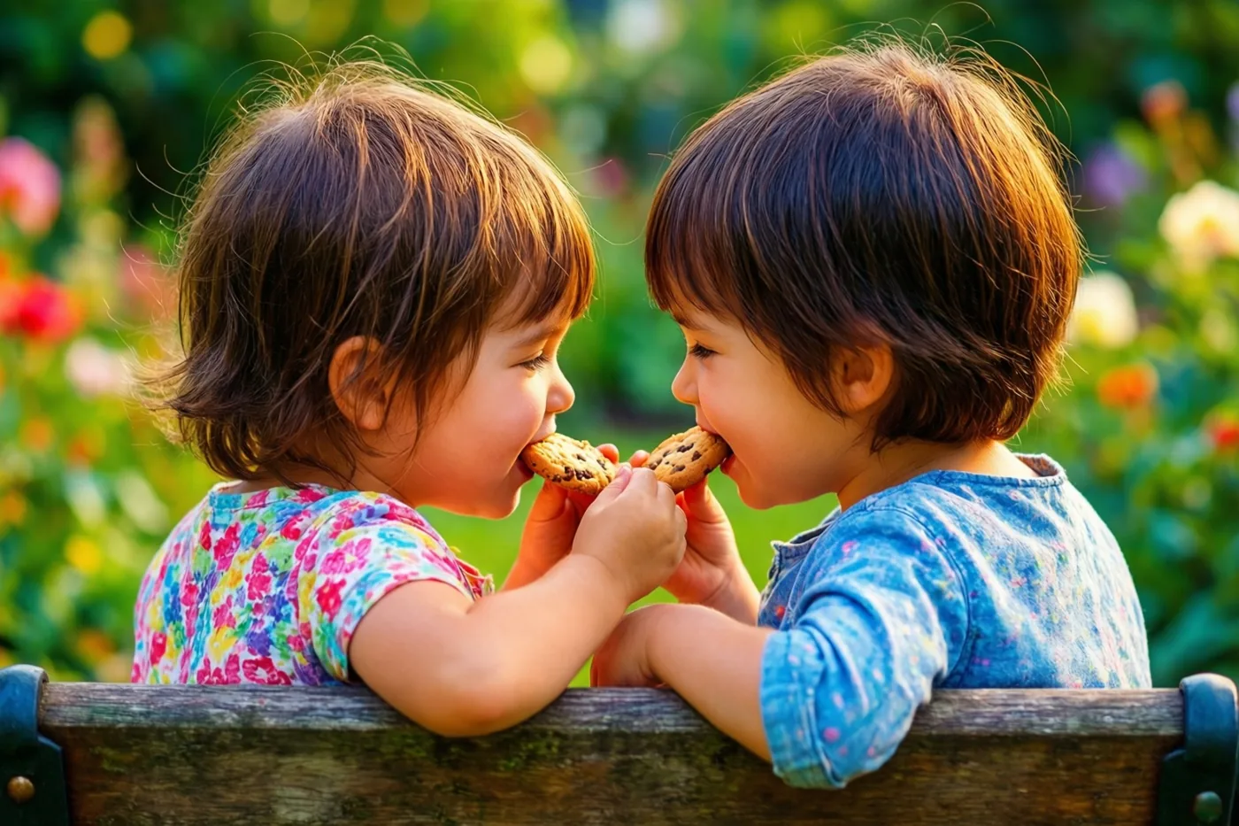 Twee jonge kinderen zitten tegenover elkaar op een houten tuinbank en eten elk een koekje met chocoladestukjes, met een zonnige tuin op de achtergrond.
