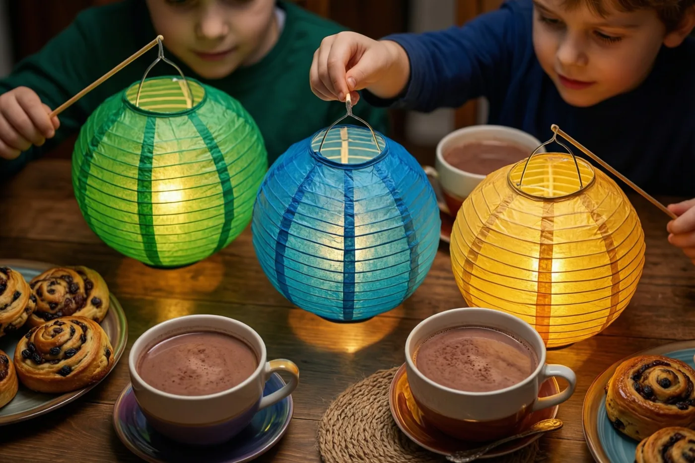 Drie kinderen houden groene, blauwe en gele lichtgevende papieren lantaarns boven een houten tafel met koppen warme chocolademelk en borden rozijnenbroodjes.