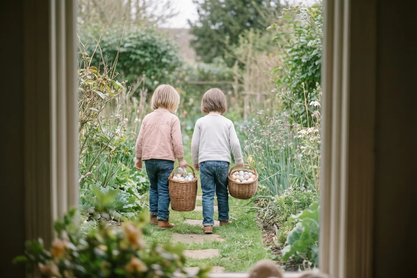 Door een raam zijn twee kinderen van achteren te zien op een tuinpad, elk met een rieten mand vol gekleurde eieren.