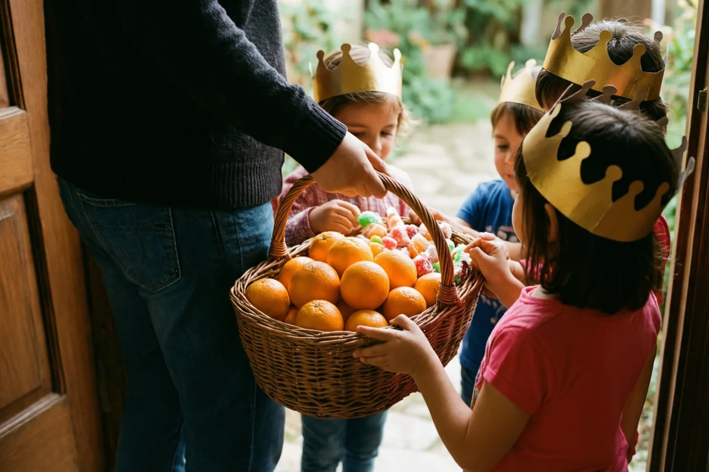Drie kinderen met papieren kronen zijn van achteren te zien bij een houten deuropening, waar iemand hun een rieten mand met sinaasappels en kleurrijk snoep aanreikt.