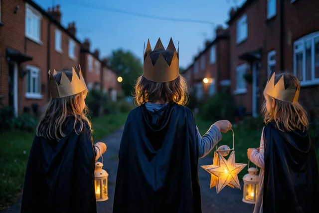 Drie kinderen met papieren kronen en zwarte capes lopen bij valavond tussen bakstenen rijhuizen en dragen elk een lichtgevende lantaarn onder een blauwe hemel.