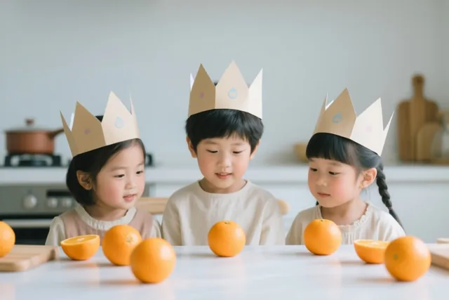 Drie jonge kinderen met papieren kronen zitten aan een keukentafel tussen hele en gehalveerde sinaasappels.