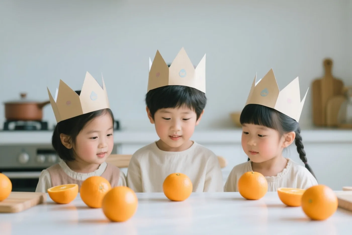 Drie jonge kinderen met papieren kronen zitten aan een keukentafel tussen hele en gehalveerde sinaasappels.