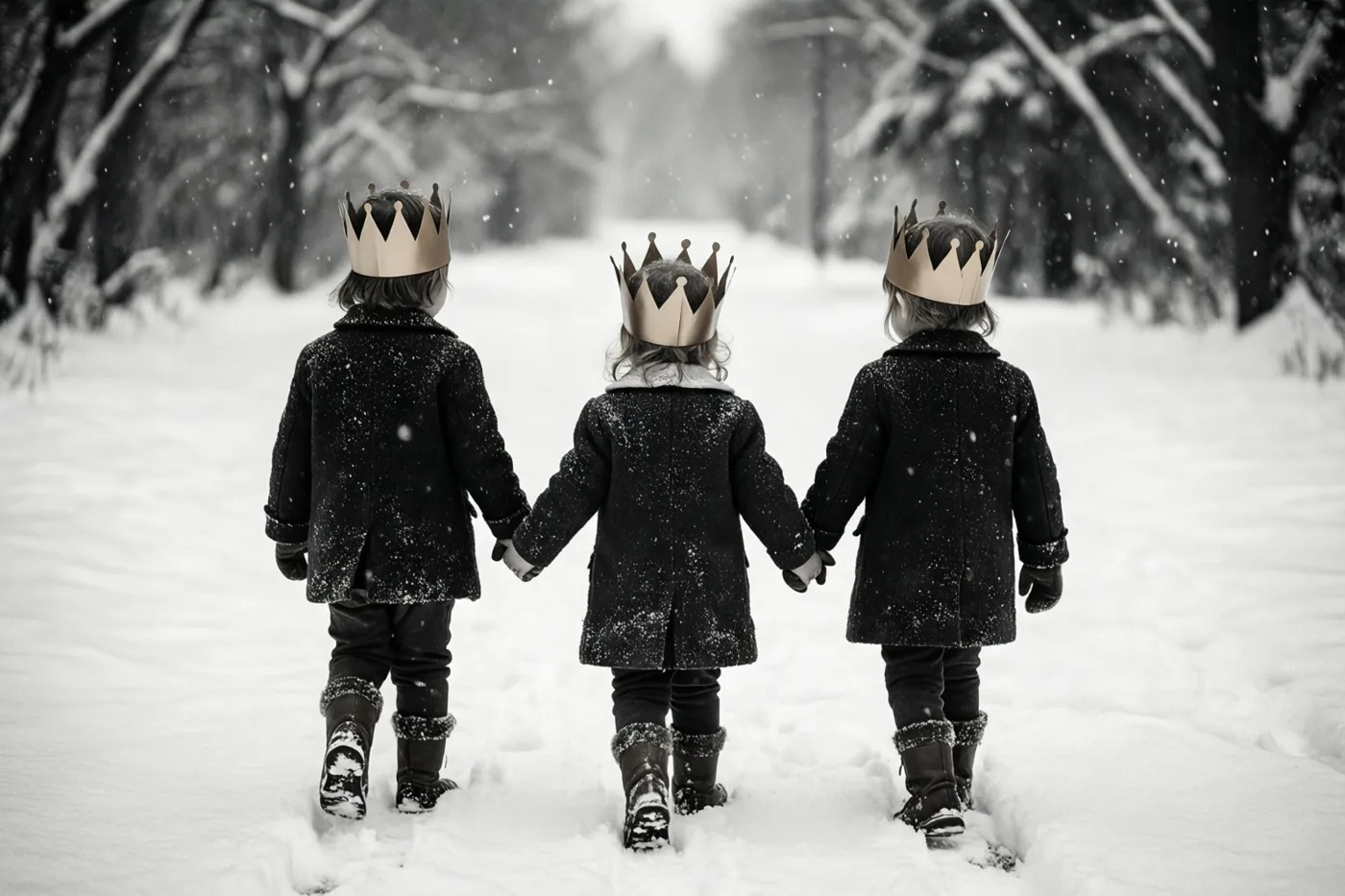 Drie kleine kinderen met papieren kronen en donkere jassen lopen hand in hand weg door een besneeuwd bos in een zwart-wit beeld.