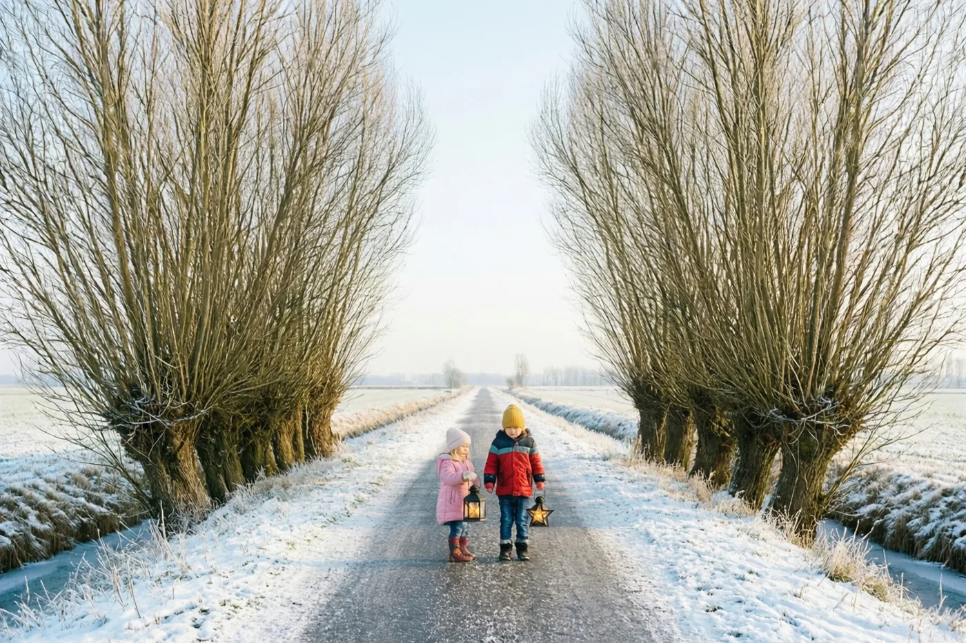 Twee kinderen lopen elk met een lichtgevende lantaarn over een lichtbesneeuwde weg tussen knotwilgen in een winterse polder, in zachte witte, grijze en bruine tinten.