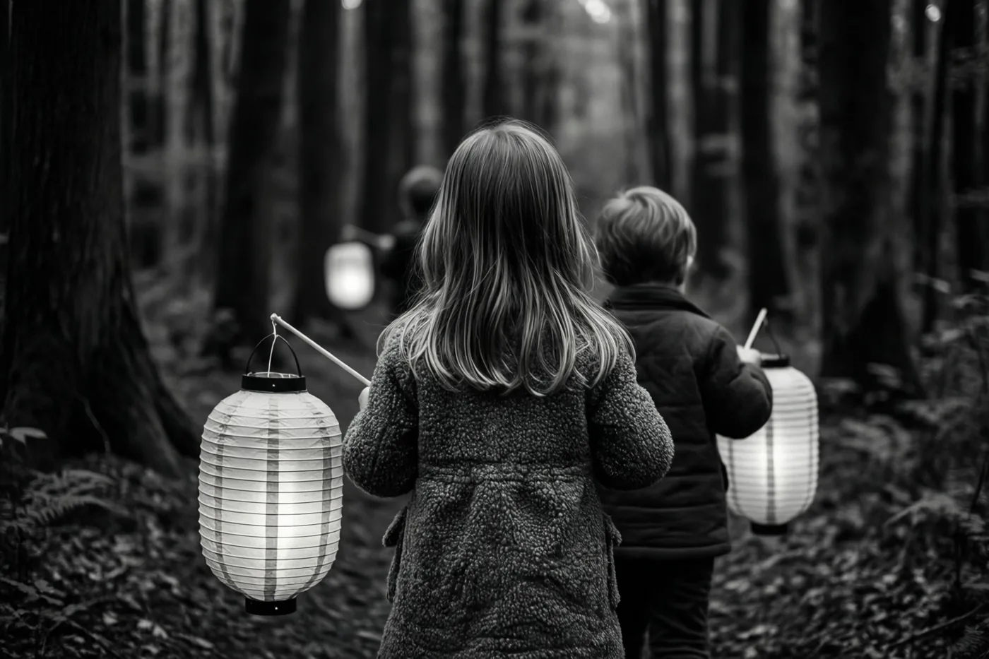 Op een zwart-witfoto lopen kinderen met papieren lantaarns van de kijker weg door een donker bos.