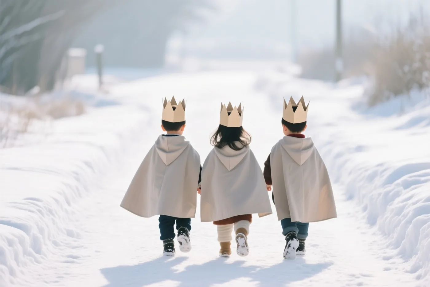 Drie kinderen met papieren kronen en lichtgekleurde capes lopen van achteren gezien over een besneeuwd pad in een helder winterlandschap.