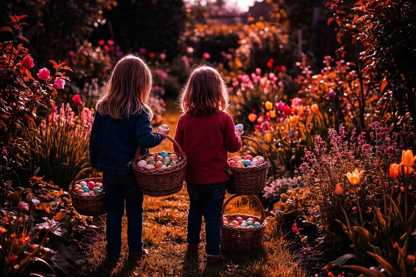 Twee kinderen lopen van achteren gezien met mandjes gekleurde paaseieren door een bloemrijke tuin in warm goudkleurig licht.