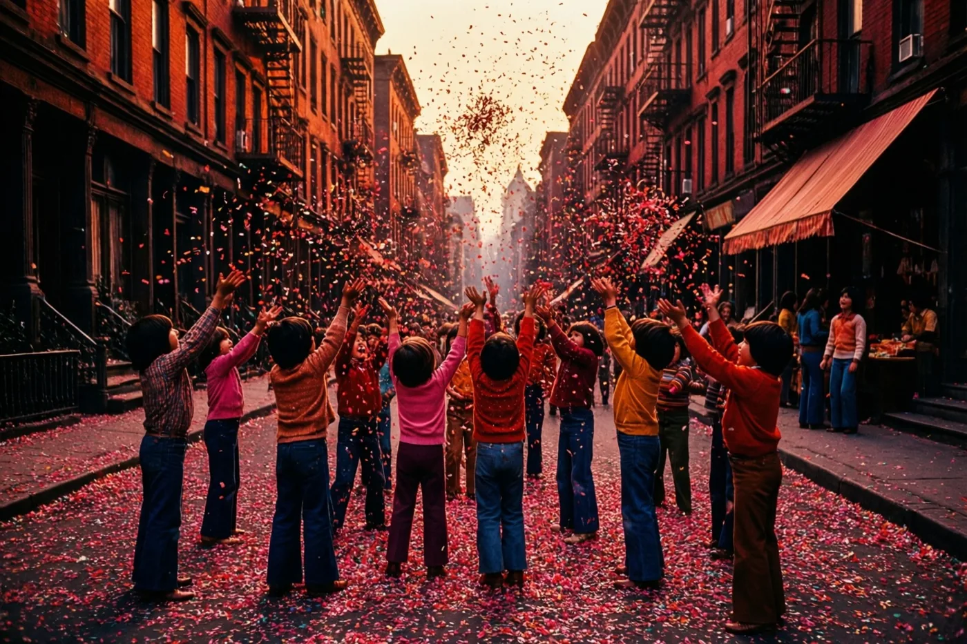 Een groep kinderen gooit rode confetti in de lucht in een smalle stadsstraat in jarenzeventigstijl, met warm licht en rode, oranje en diepblauwe tinten.