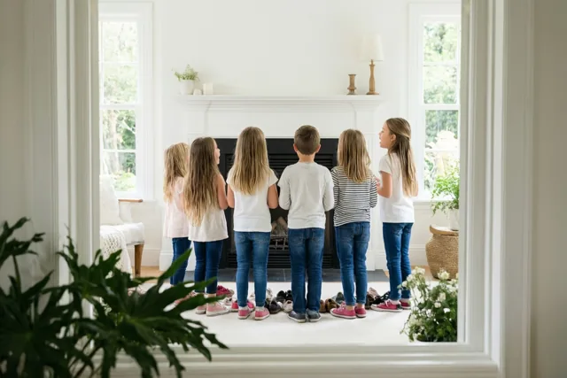 Zes kinderen staan met hun rug naar de camera op een rij voor een witte haard, met hun schoenen netjes op de vloer in een lichte kamer met grote ramen.