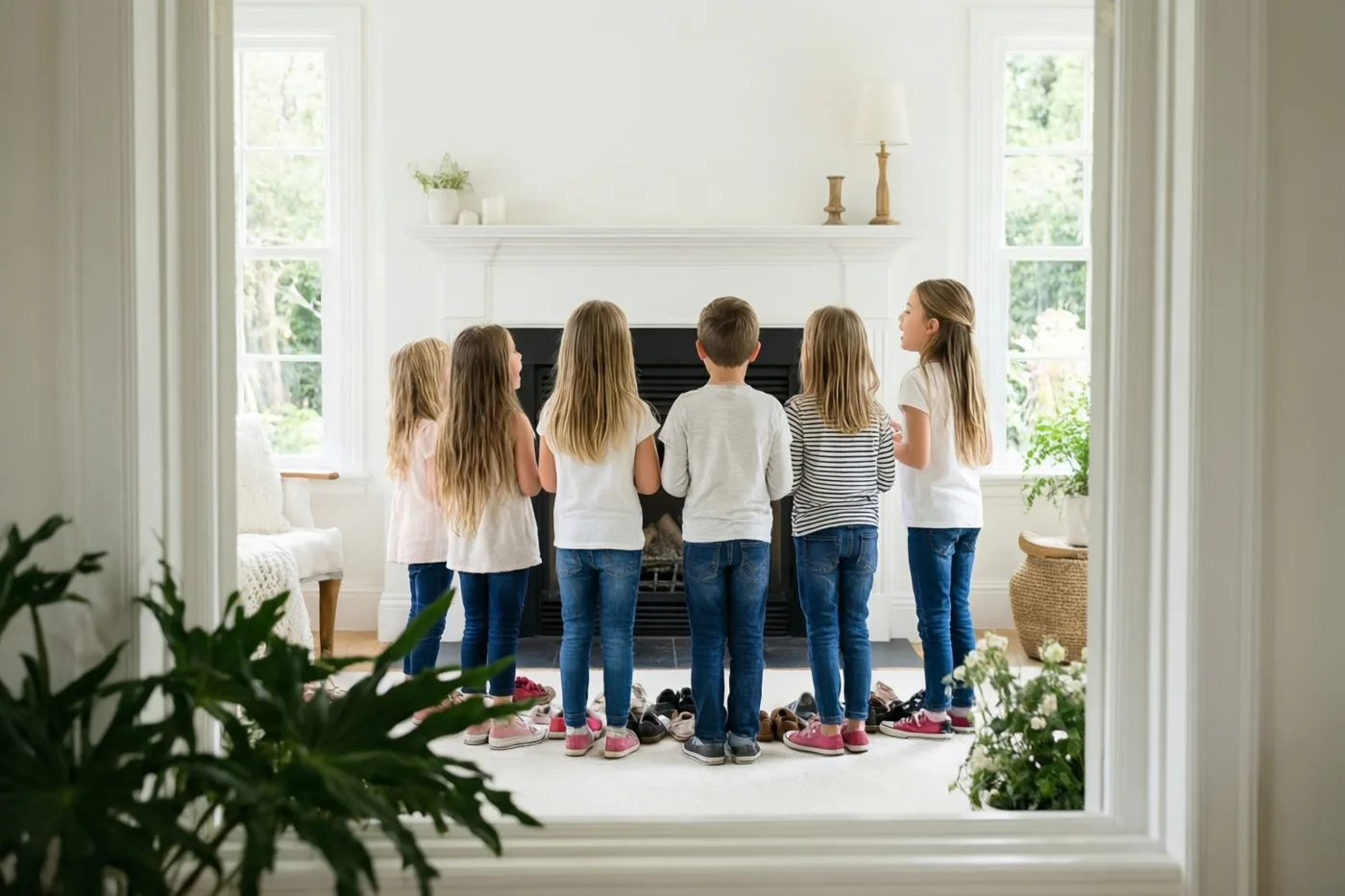 Zes kinderen staan met hun rug naar de camera op een rij voor een witte haard, met hun schoenen netjes op de vloer in een lichte kamer met grote ramen.