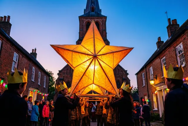 Kinderen met papieren kronen dragen bij valavond een grote lichtgevende sterlantaarn door een dorpsstraat, als silhouetten voor een bakstenen kerk onder een diepblauwe hemel.