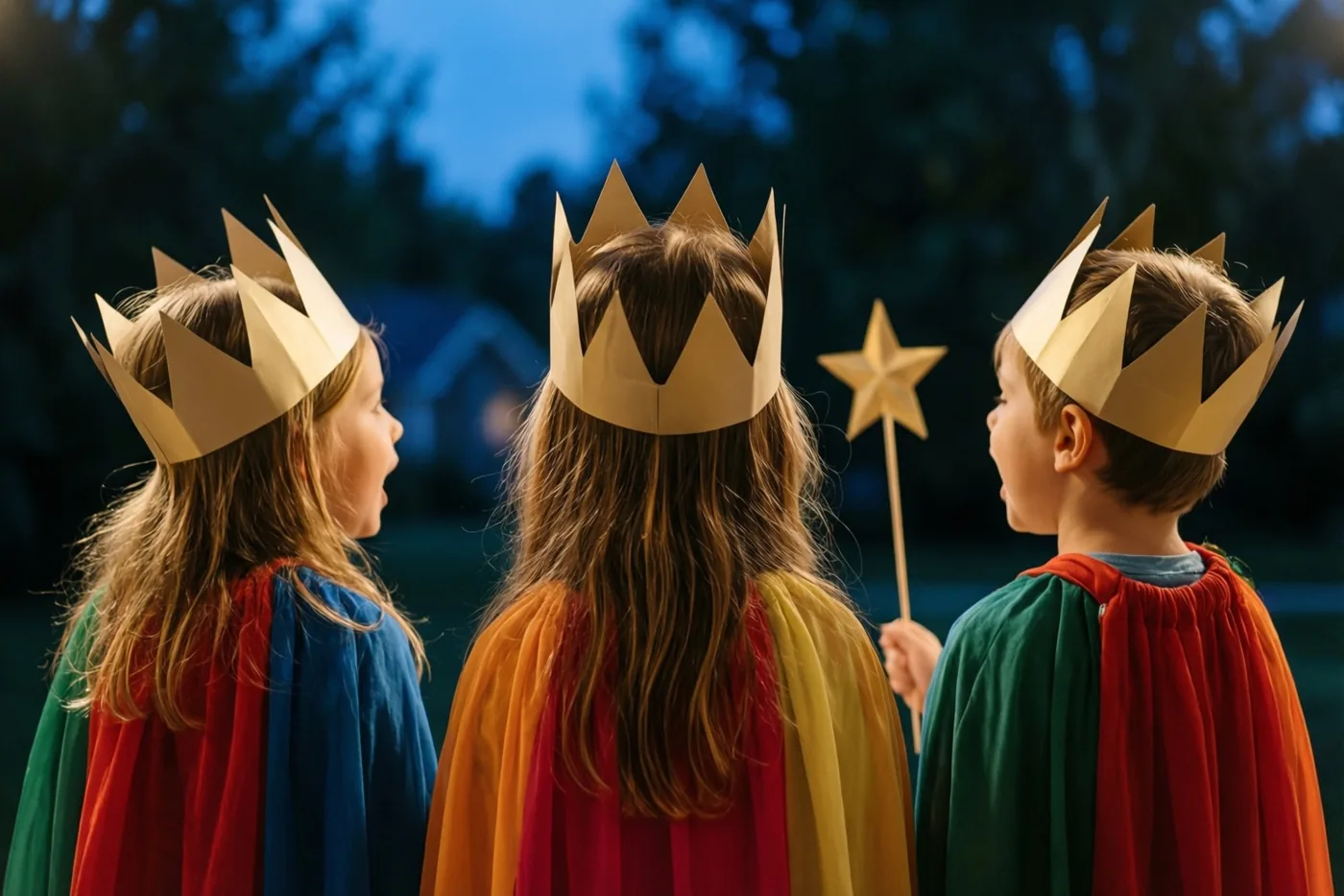 Drie kinderen met papieren kronen en kleurrijke capes staan van achteren gezien buiten met een ster op een stok en lijken te zingen, tegen een donkerblauwe schemerlucht en wazige bomen.