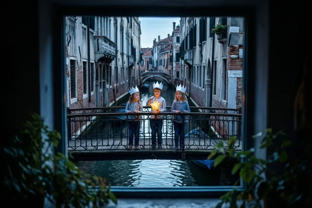 Door een raam met groen op de voorgrond zijn drie kinderen met papieren kronen op een brug over een kanaal te zien, één met een lichtgevende sterlantaarn, voor oude gevels bij valavond.