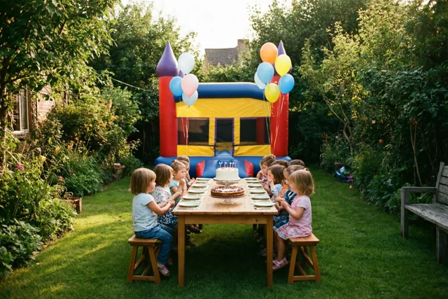 Kinderen zitten rond een houten tafel met verjaardagstaart in een zonnige tuin, met een kleurrijk springkasteel met ballonnen op de achtergrond.