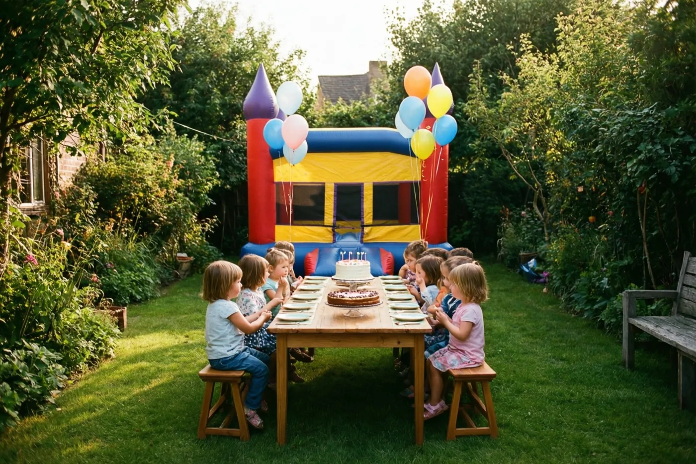 Kinderen zitten rond een houten tafel met verjaardagstaart in een zonnige tuin, met een kleurrijk springkasteel met ballonnen op de achtergrond.