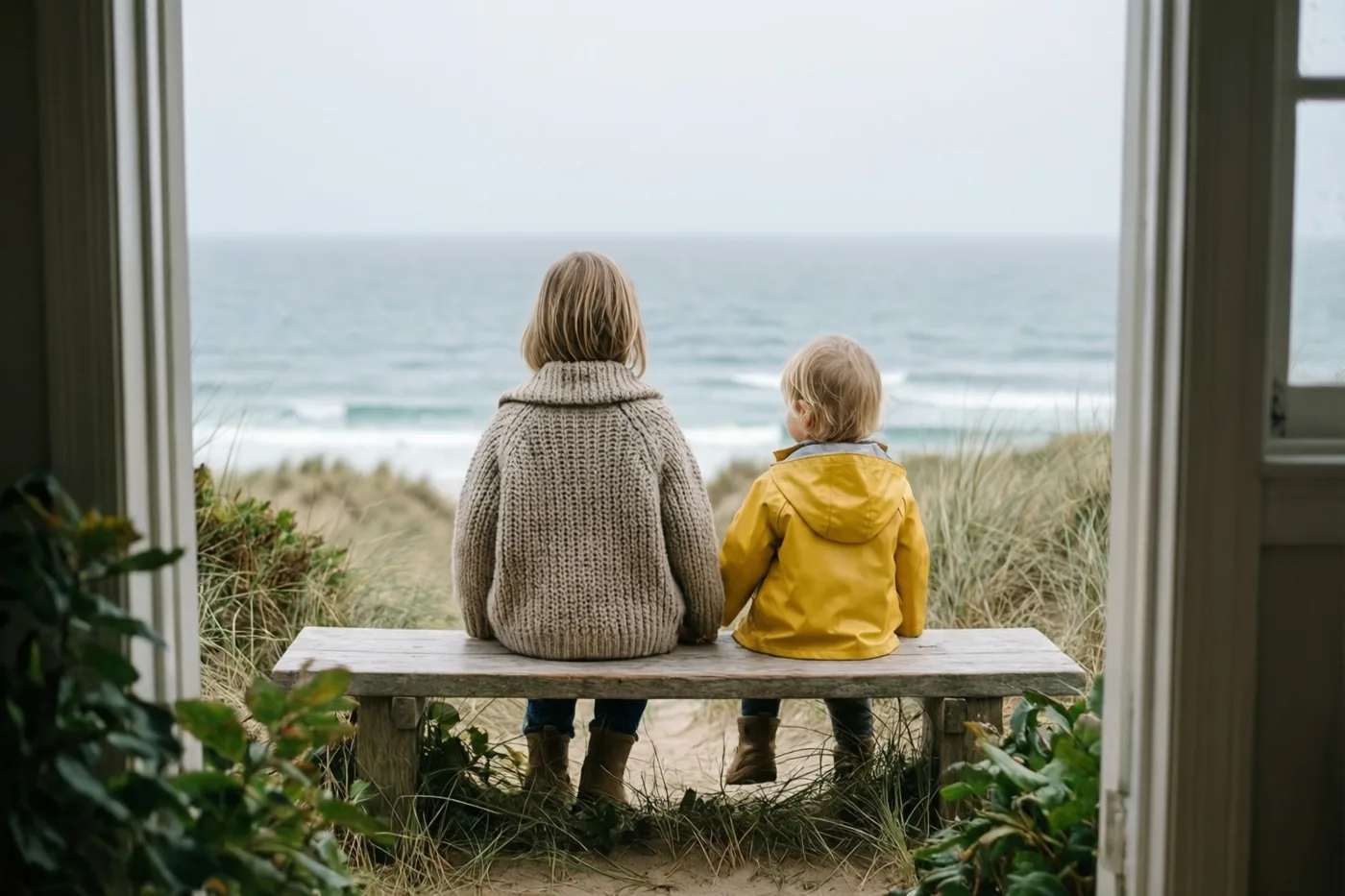 Twee kinderen, een in een beige gebreid vest en een in een gele regenjas, zitten op een houten bank met zeezicht, omlijst door een deuropening en groen.
