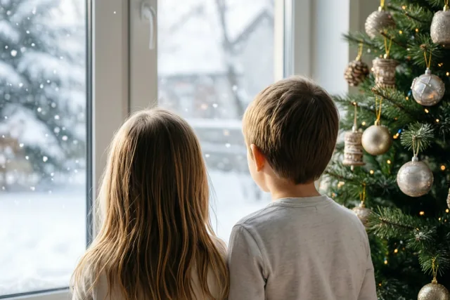 Twee kinderen staan van achteren gezien aan een raam naar vallende sneeuw te kijken, met rechts een kerstboom met zilveren versiering en lichtjes.