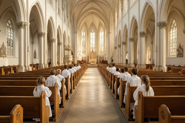 Kinderen in witte gewaden zitten met hun rug naar de kijker in houten banken richting het altaar van een gotische kerk met boogramen en gewelven in goudkleurig licht.