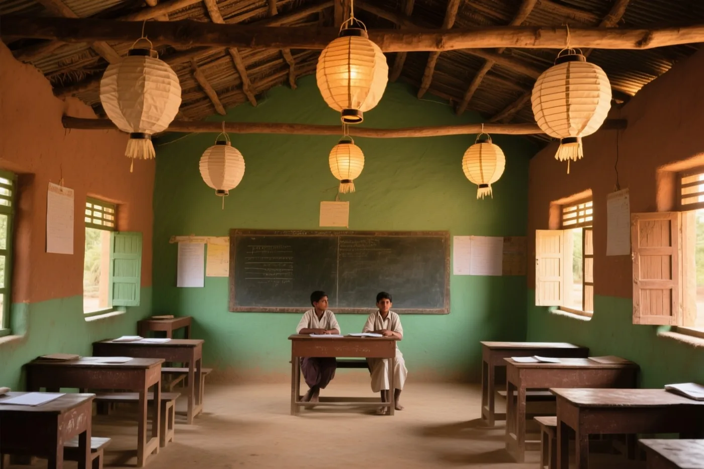 Twee kinderen zitten aan een houten lessenaar in een dorpsklas met papieren lampionnen onder een rieten dak, groene en terracottakleurige muren en licht door houten ramen.