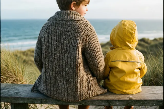 Twee kinderen, een in een gebreid vest en een in een gele regenjas, zitten naast elkaar op een houten bank op een begroeide duin met uitzicht op zee.