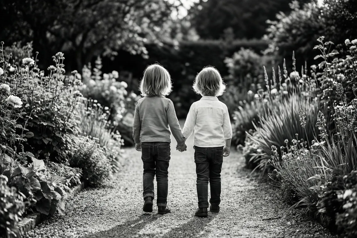 Twee kleine kinderen lopen hand in hand over een grindpad in een tuin, van achteren gezien op een zwart-witfoto.