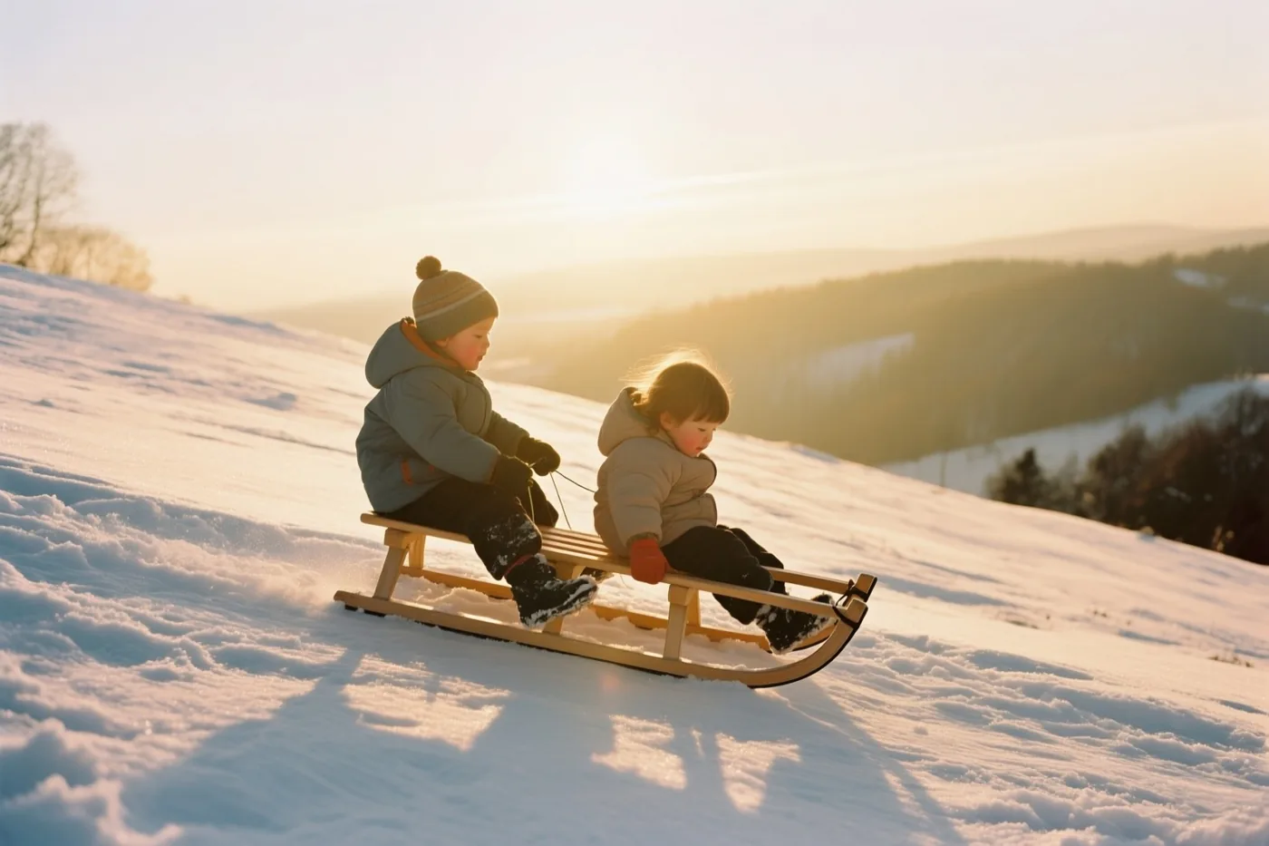 Twee kinderen zitten op een houten slee op een besneeuwde heuvel, met sneeuwheuvels en bomen in de verte onder een zacht oplichtende hemel in warm goudkleurig licht.