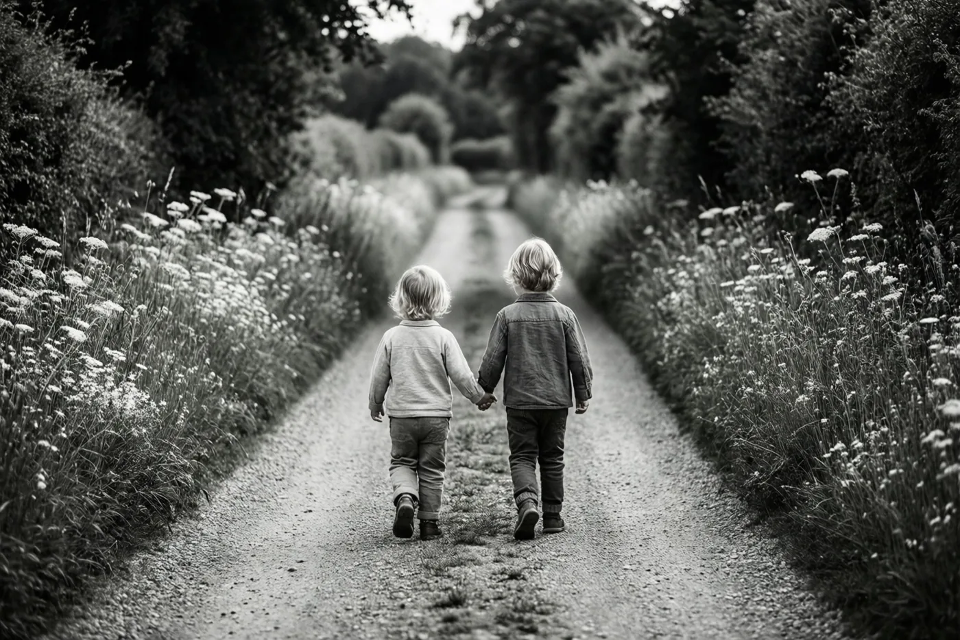 Twee kleine kinderen lopen hand in hand van de camera weg over een landelijke grindweg, met hoge grassen en wilde bloemen aan beide kanten bij zacht daglicht.
