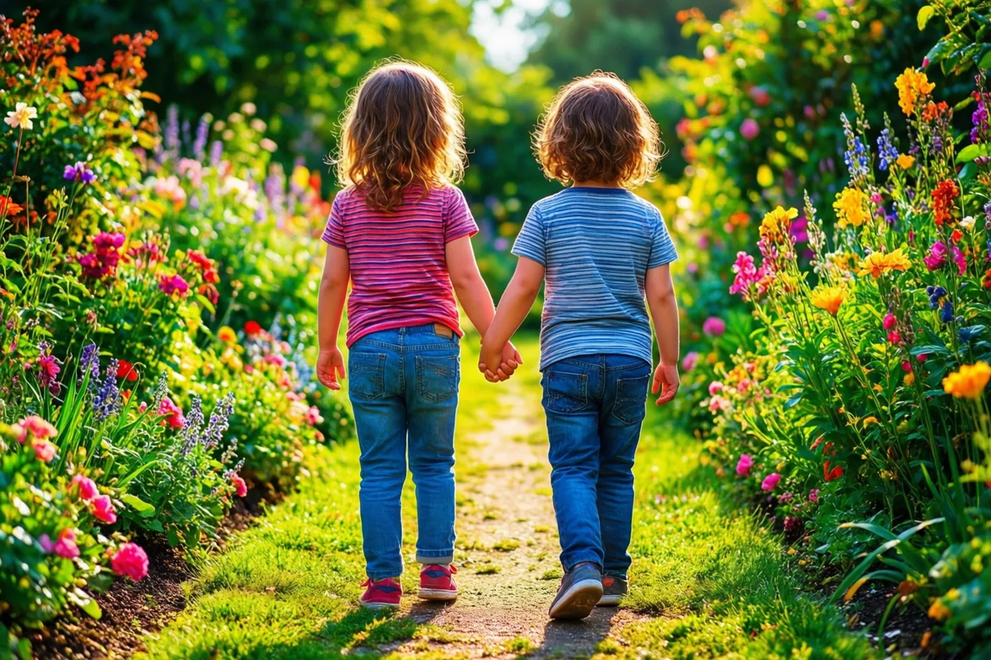 Twee kleine kinderen lopen hand in hand over een zonnig tuinpad tussen kleurrijke bloemen en weelderig groen, gezien van achteren.