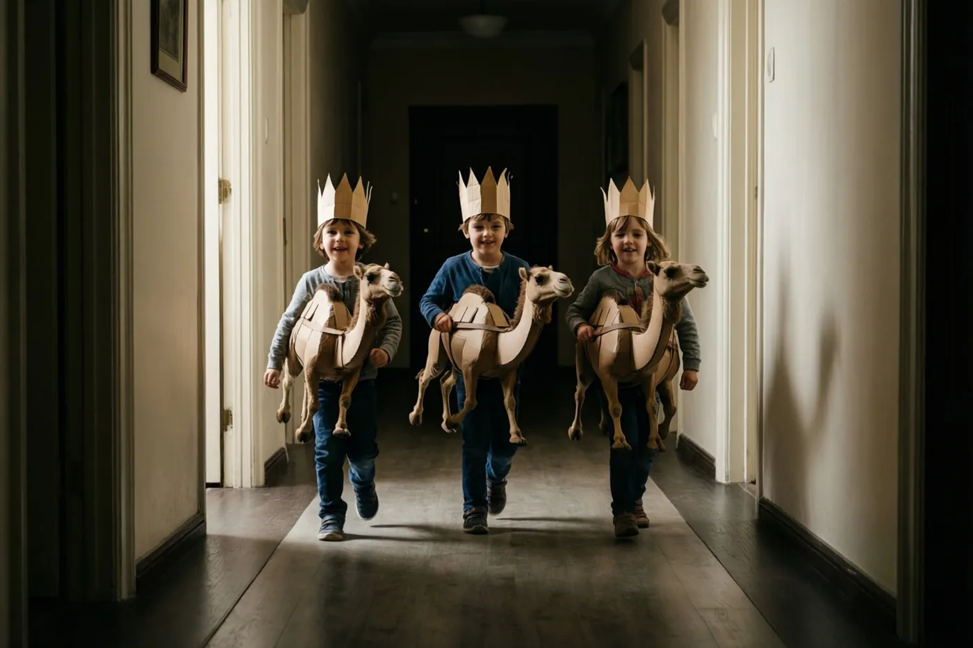 Drie kinderen met papieren kronen en kartonnen kamelen om hun middel rennen door een gang in warm gericht licht.